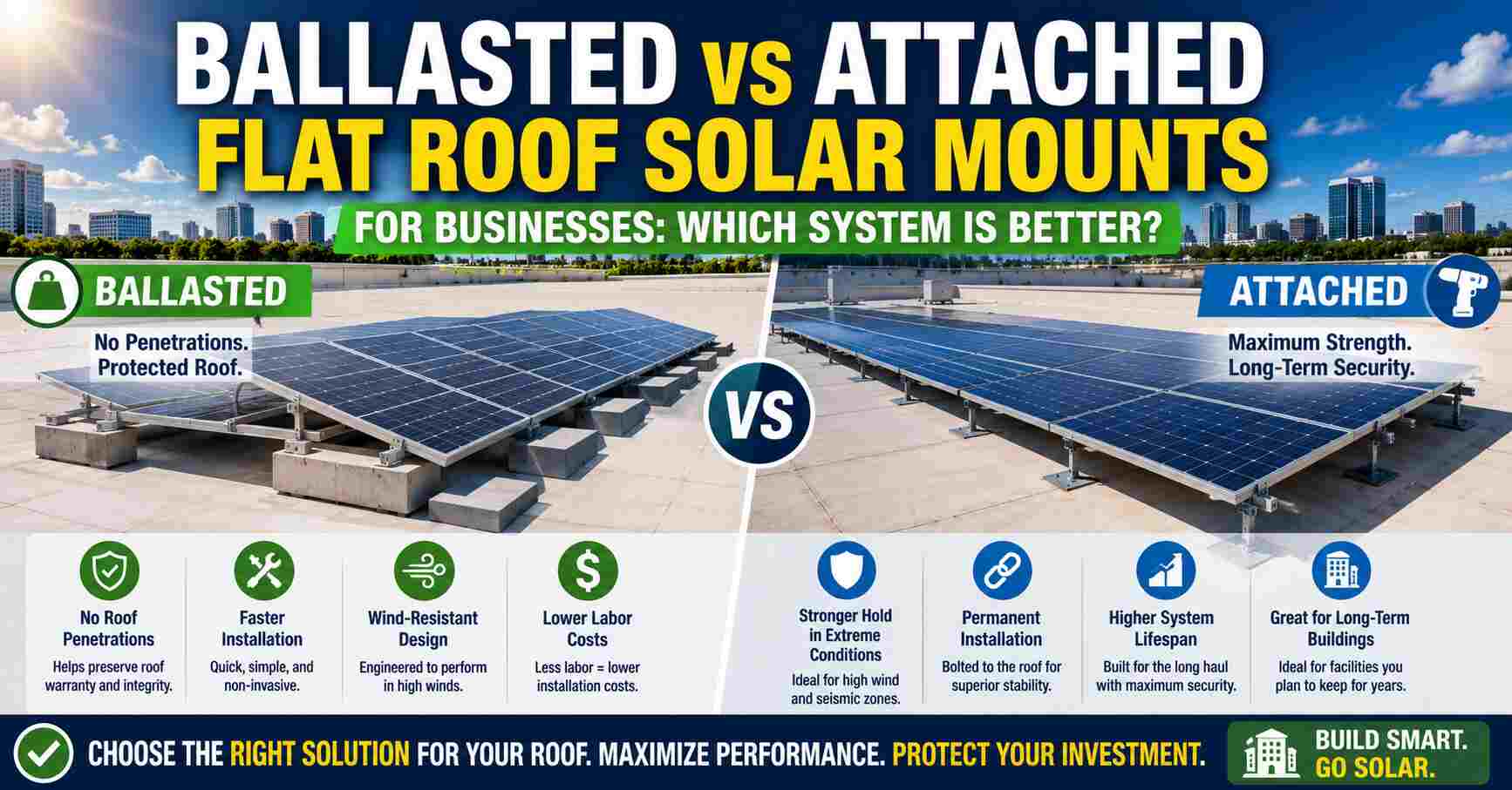 Ballasted vs Attached Flat Roof Solar Mounts for Businesses Which System Is Better