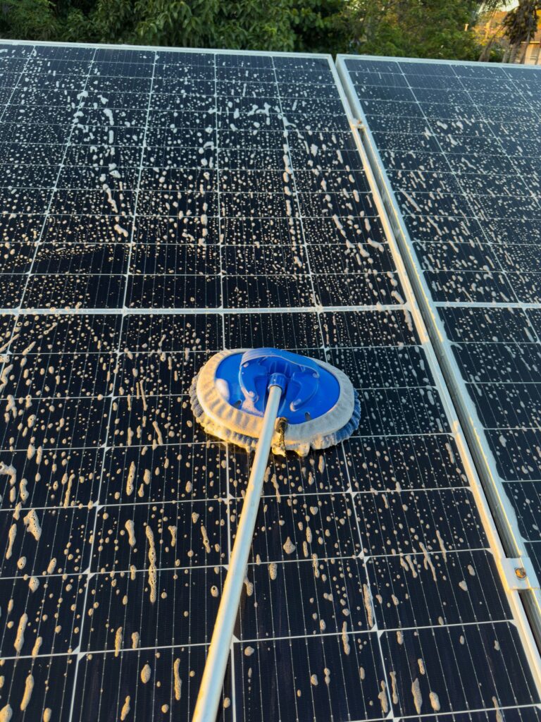 Early morning cleaning leverages low panel surface temperatures to prevent thermal glass shock.. Source: dimarik